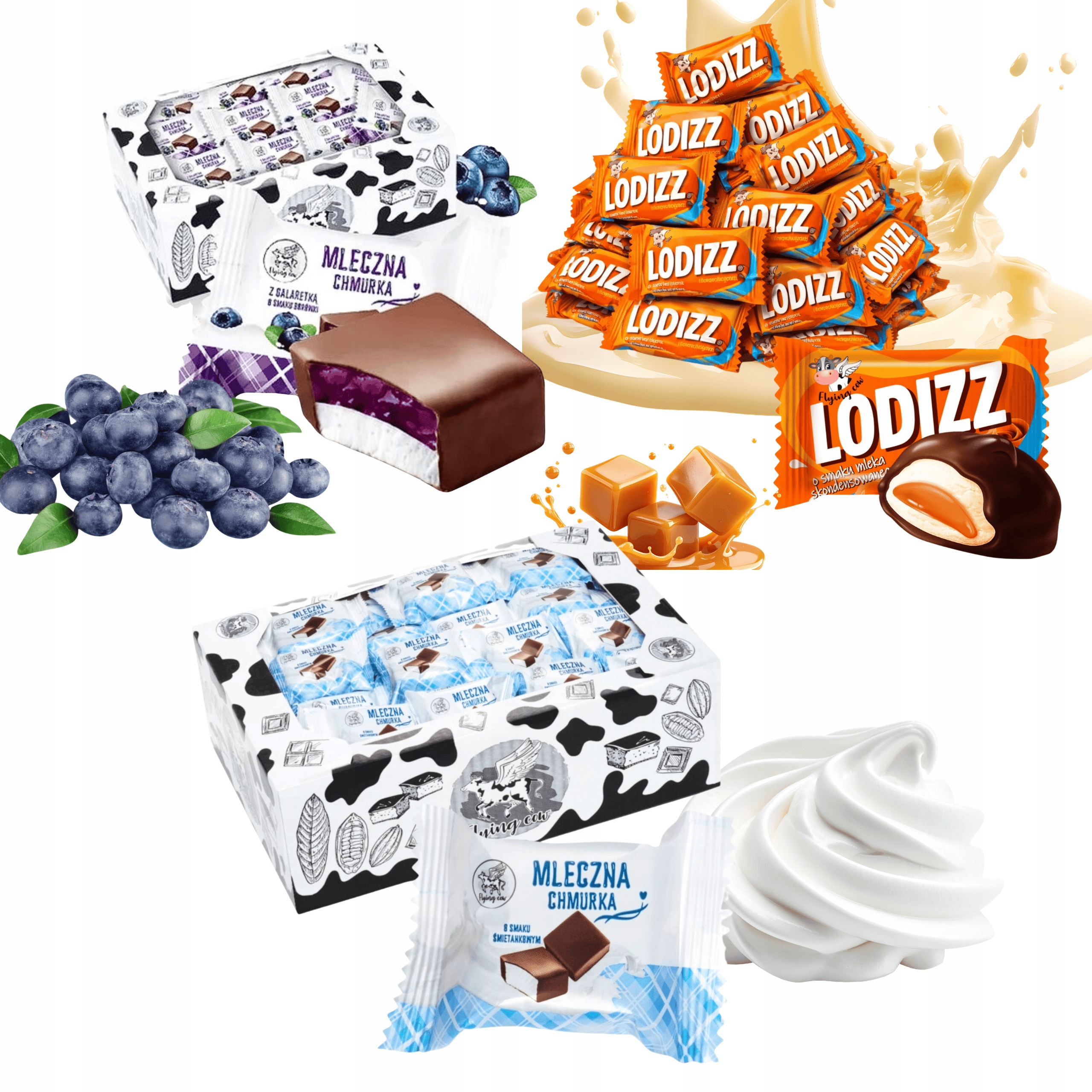 Bonbóny z pěny borůvka želé smetana karamel Milky Lodizz mix 3x1kg