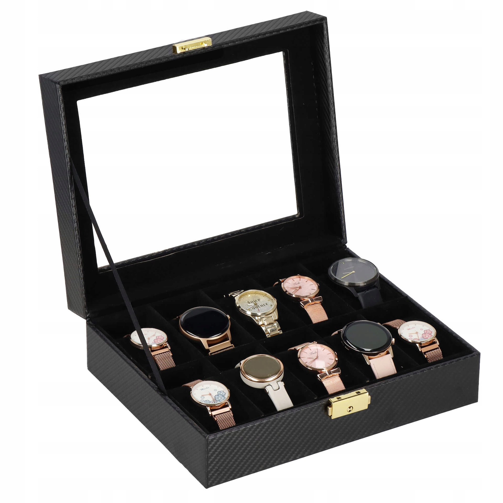 ORGANIZER SZKATUŁKA NA ZEGARKI 10x BIŻUTERIĘ PUDEŁKO ETUI ELEGANCKIE CARBON Kolor czarny