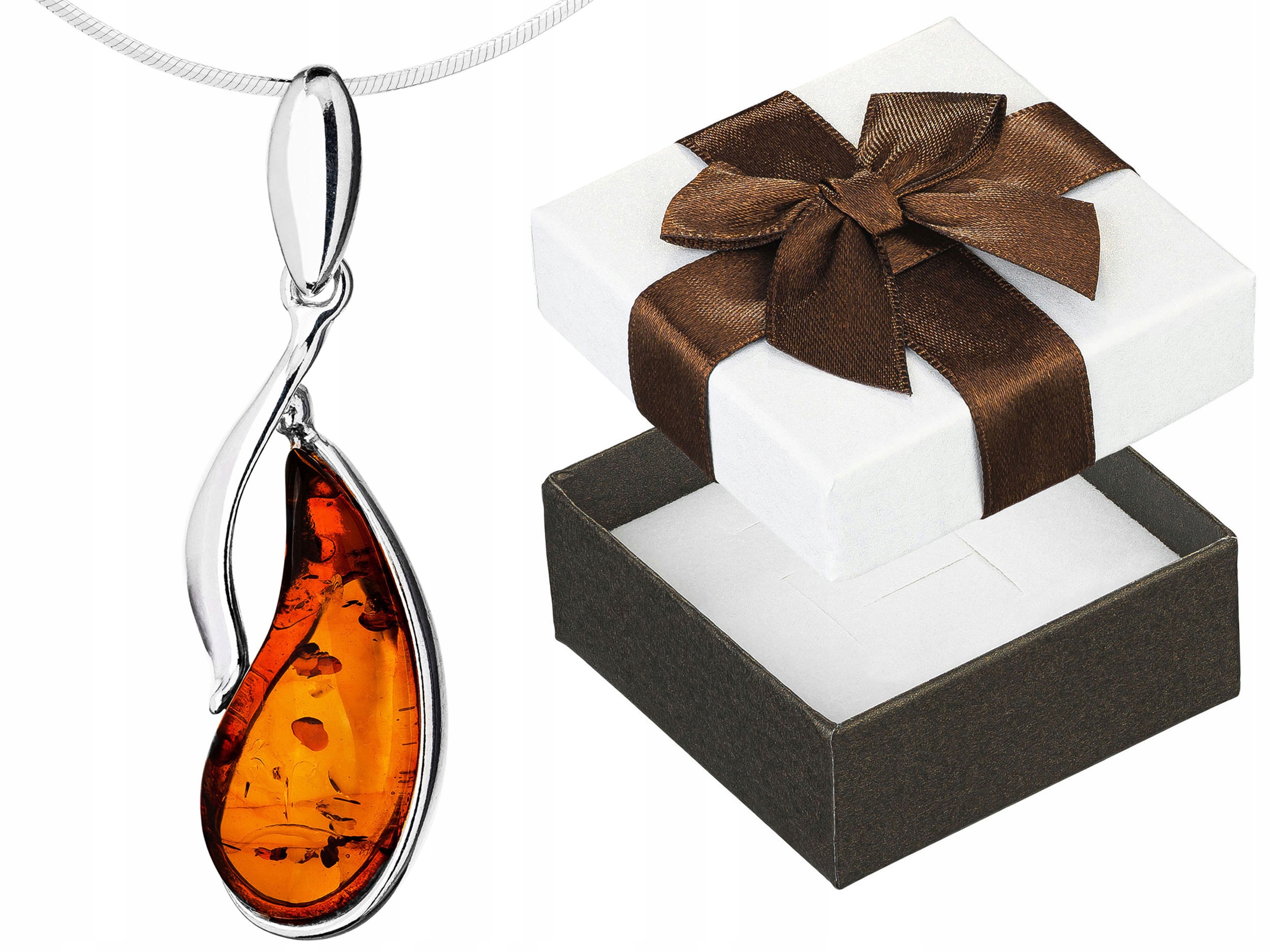 Krátký Stříbrný Dámský Náhrdelník Kapka s Jantarem Slza Jantar 45 cm