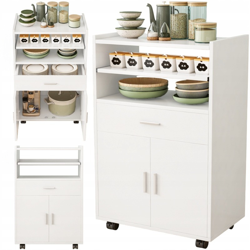 Skrinka Kuchynský Vozík Komoda Stôl Moderný Mobilný Regál Na Kolieskach Biela