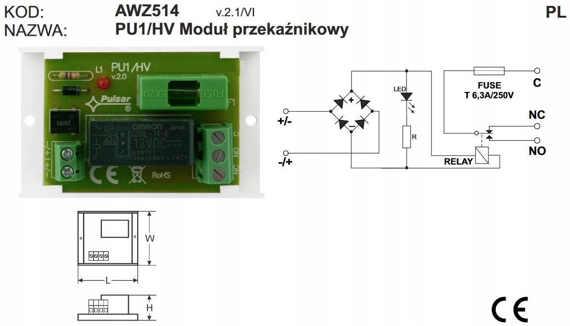 AWZ514 Moduł przekaźnikowy PU1/HV 250VAC 6A Pulsar Marka Pulsar