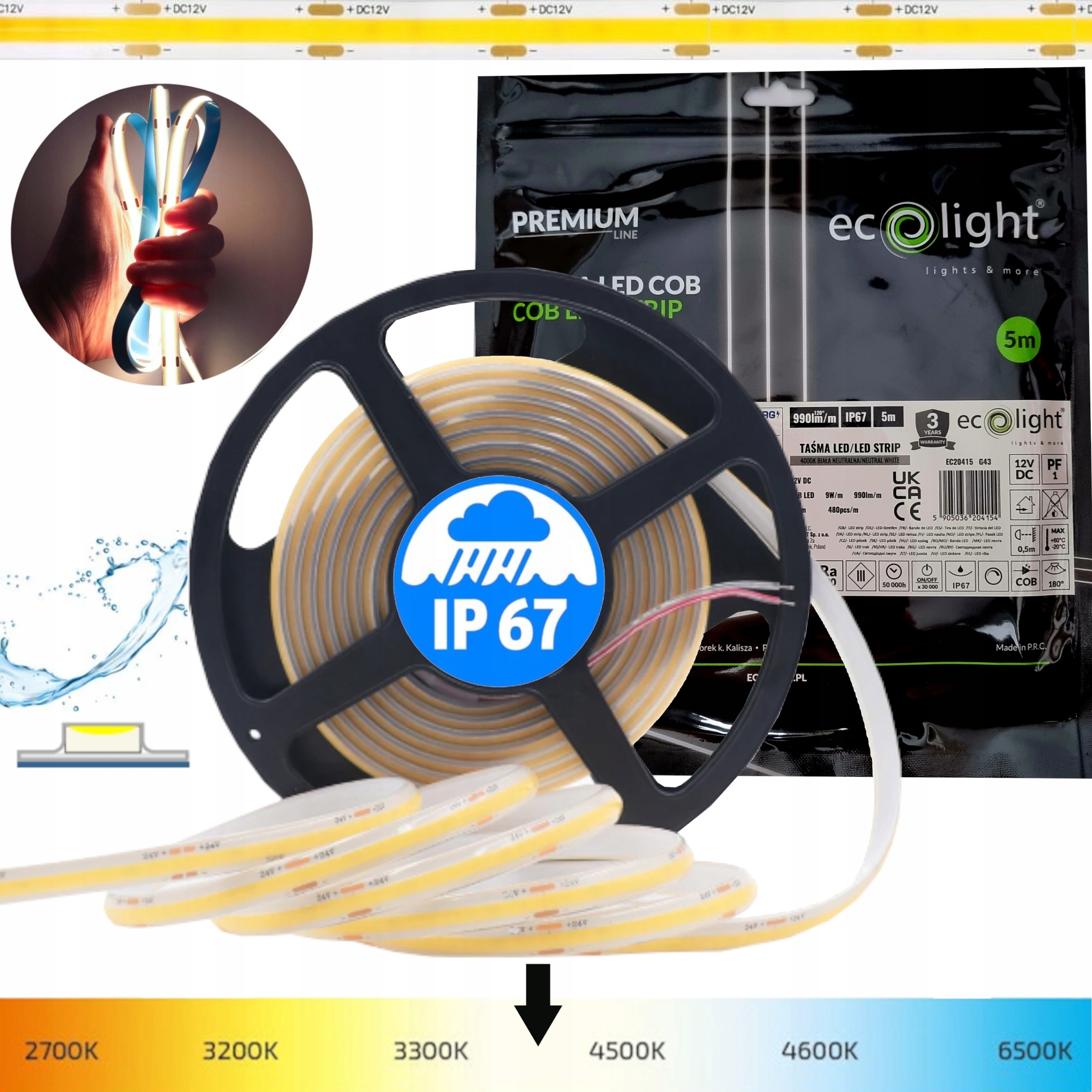 TAŚMA LED COB WODODOPORNA IP67 BIAŁA NEUTRALNA 4000K BEZPUNKTOWA 9W/m 12V