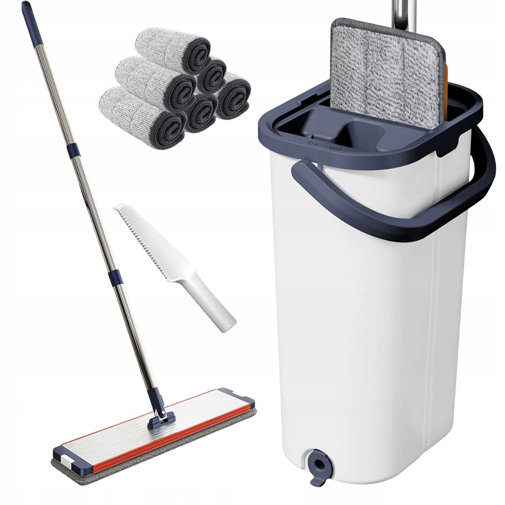 Levně Plochý Rotační Mop, Dvoukomorový Odšťavňovač, Kbelík, Mikrovlákno, 6 Náplní