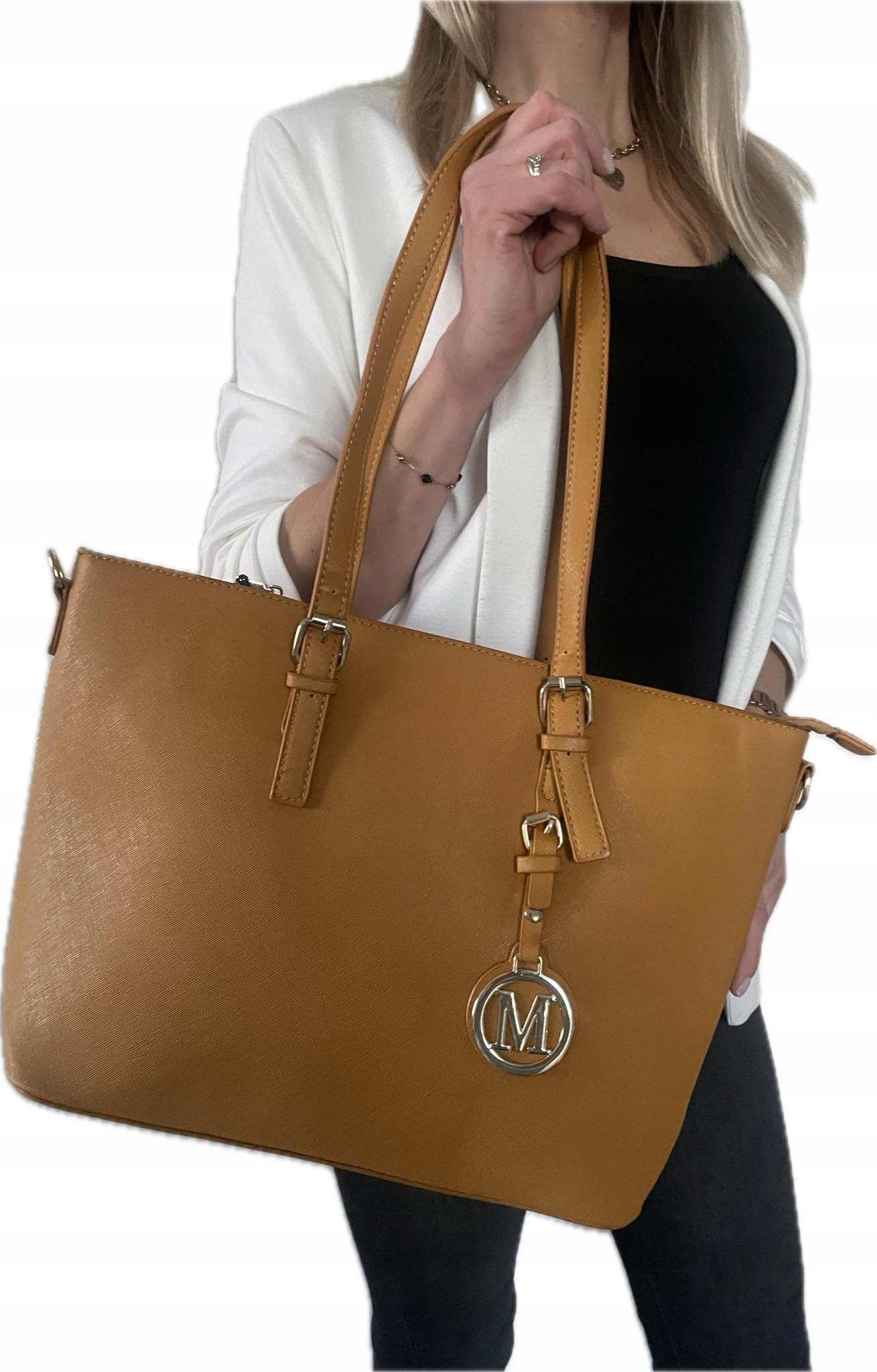 Modna musztardowa usztywniana torebka shopper A4