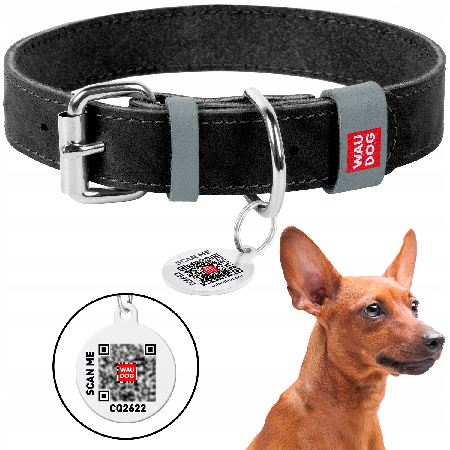 Obroża dla psa skórzana Qr Adresówka Gratis, czarny, rozmiar XL