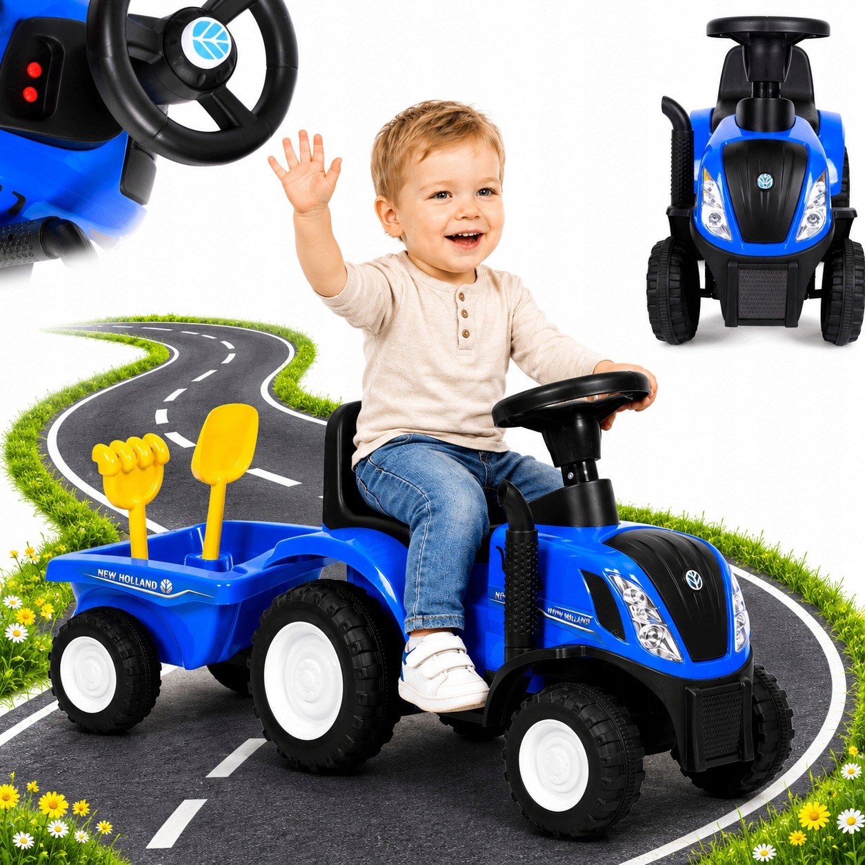 Jeździk traktor New Holland z przyczepką dla dzieci interaktywna kierownica