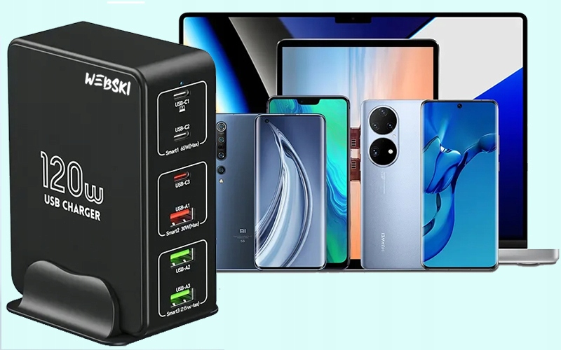 MULTIFUNKCYJNA Ładowarka SIECIOWA 120W STACJA ŁADUJĄCA 6 URZĄDZEŃ NA RAZ Kolor czarny