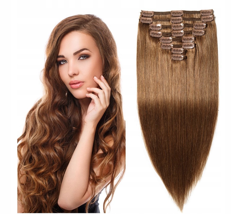 Elailite Připínací vlasy Clip-in lidské vlasy hnědé 37 cm 8 pramenů
