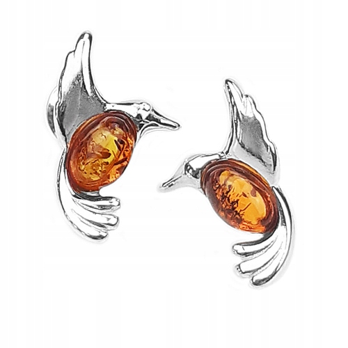 Stříbrné Náušnice ptáček kolibřík z baltský jantar Stříbro ze Stříbra 925