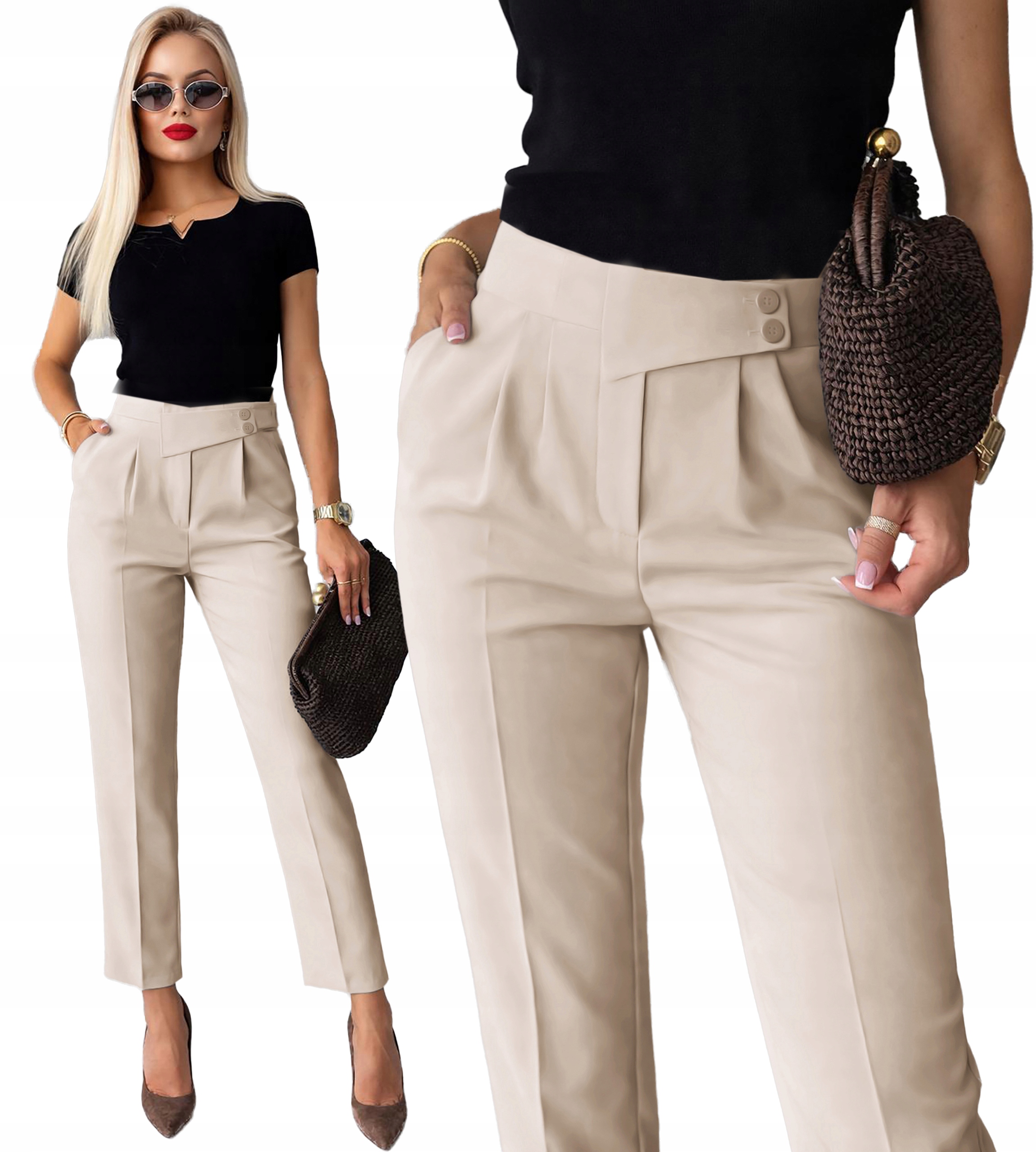 Spodnie damskie Cygaretki wysoki stan kant ozdobny pas S Blanka