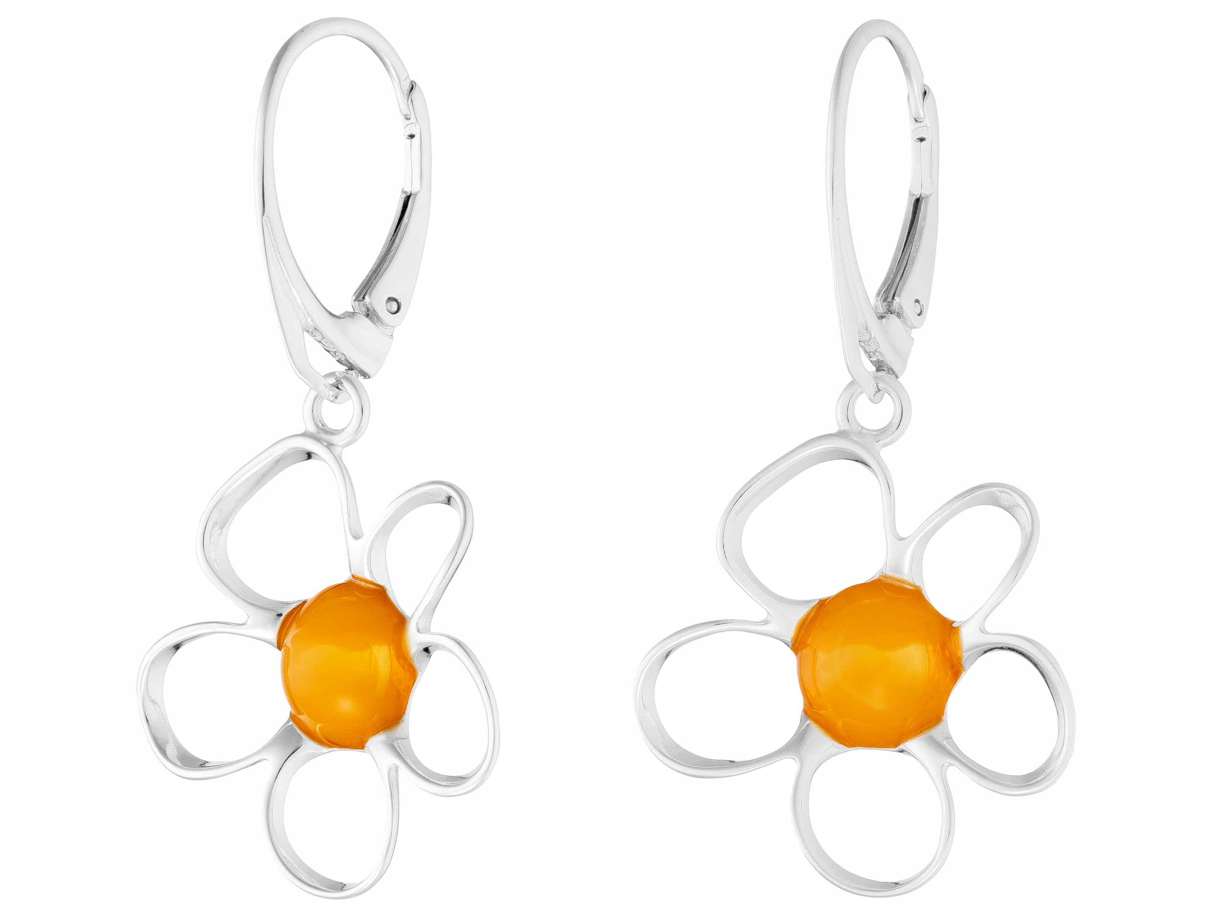 Stříbrné Náušnice Závěsné květiny s jantarem Anglické květiny Zapínání
