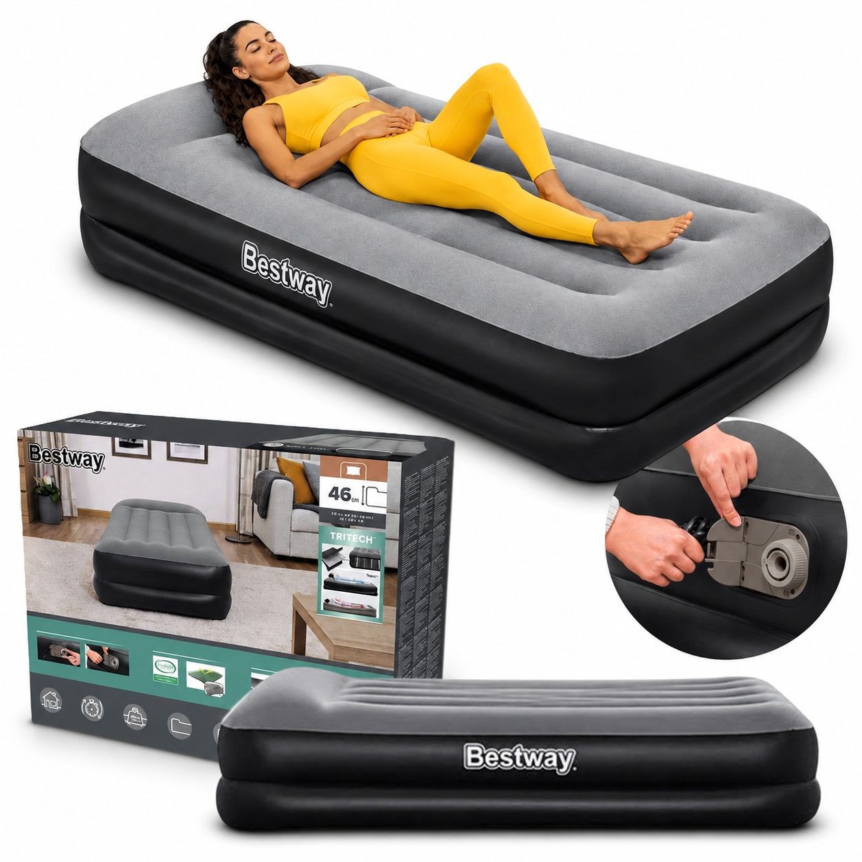Bestway Materac Dmuchany 1-os 191x97x46 Wbudowana Pompka 67401 wysoki welur