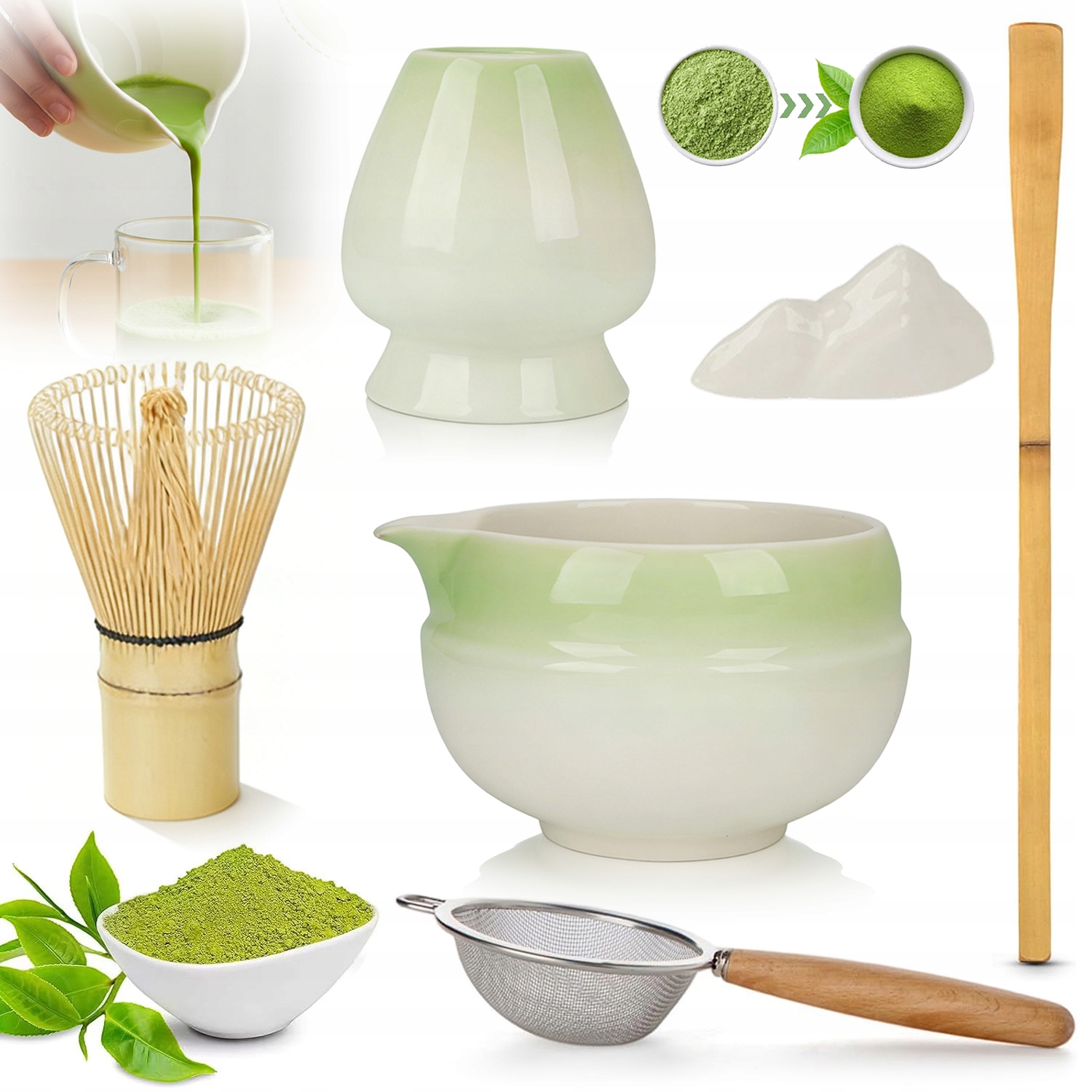 Bambusowy Zestaw Do Robienia Matchy Trzepaczka Łyżka Chasen, Miotełka 7EL