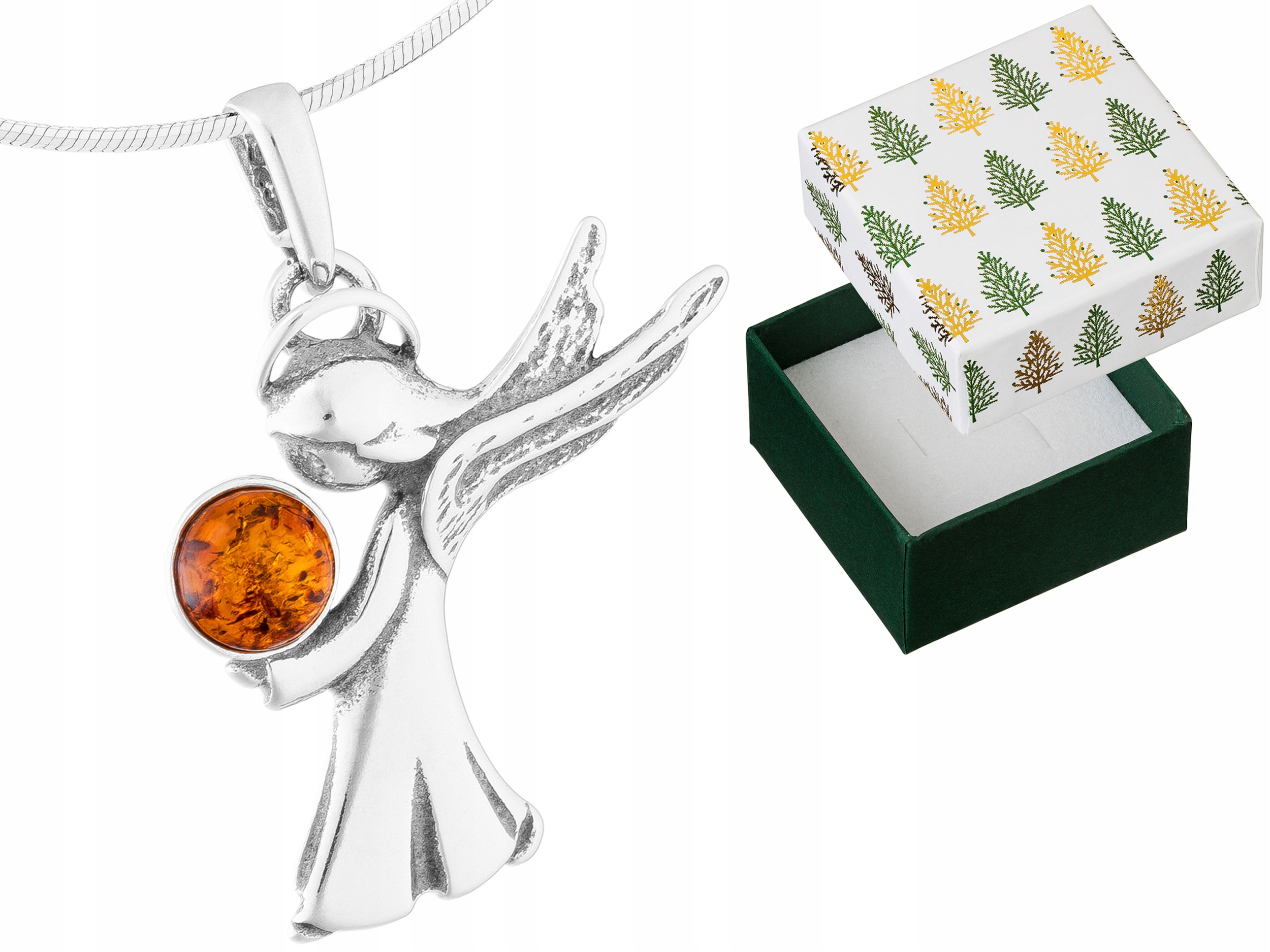 Stříbrný náhrdelník Anděl Přívěsek Jantarem Přívěsek Anděl Řetízek 75