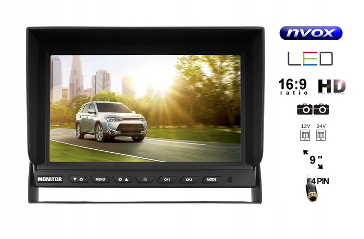 MONITOR LCD 9 OBSŁUGA DO 2 KAMER 4PIN 12V 24V