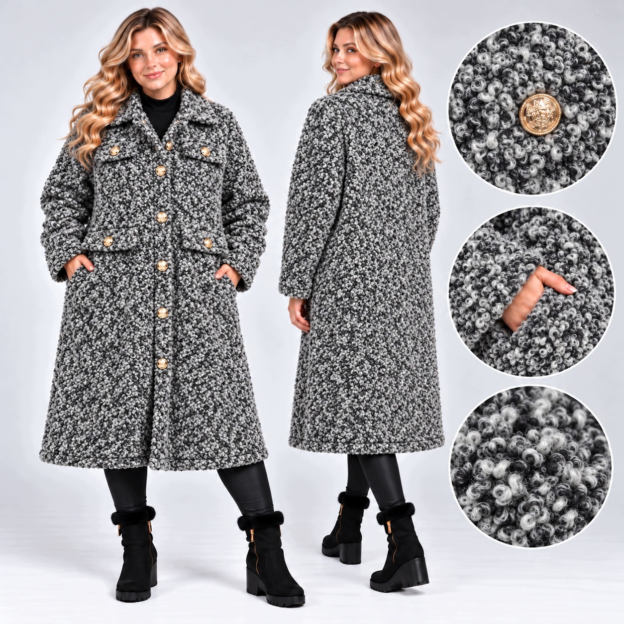 5627 Kabát beránek teddy Black&White Melange ozdobné knoflíky 54 56 7xl 8xl