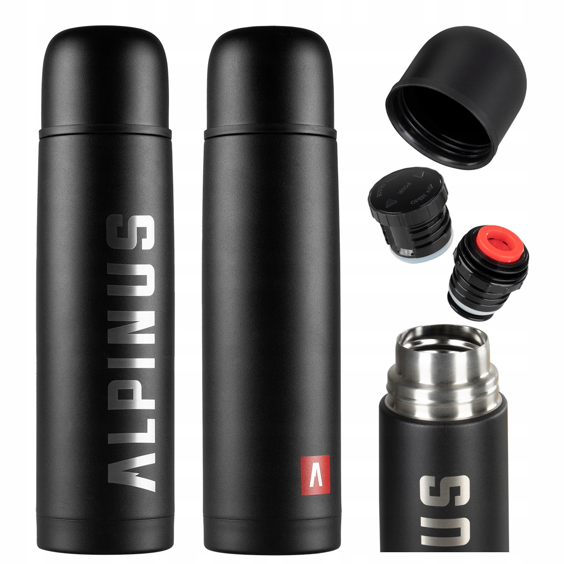 Termos próżniowy stalowy Alpinus Sahara 2 korki Bpa Free czarny 1L