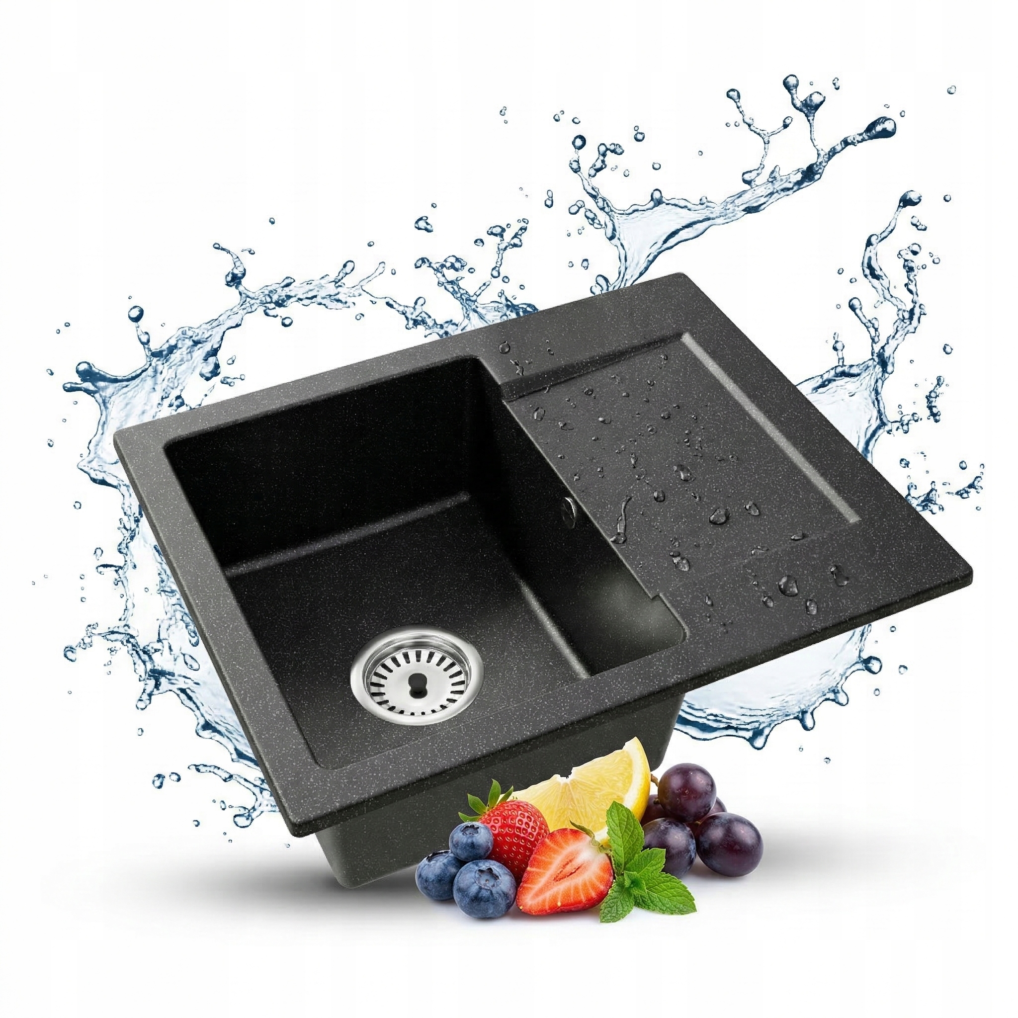 Kuchyňský granitový dřez Jednokomorový s odkapávačem Donzo Sifon Chrom