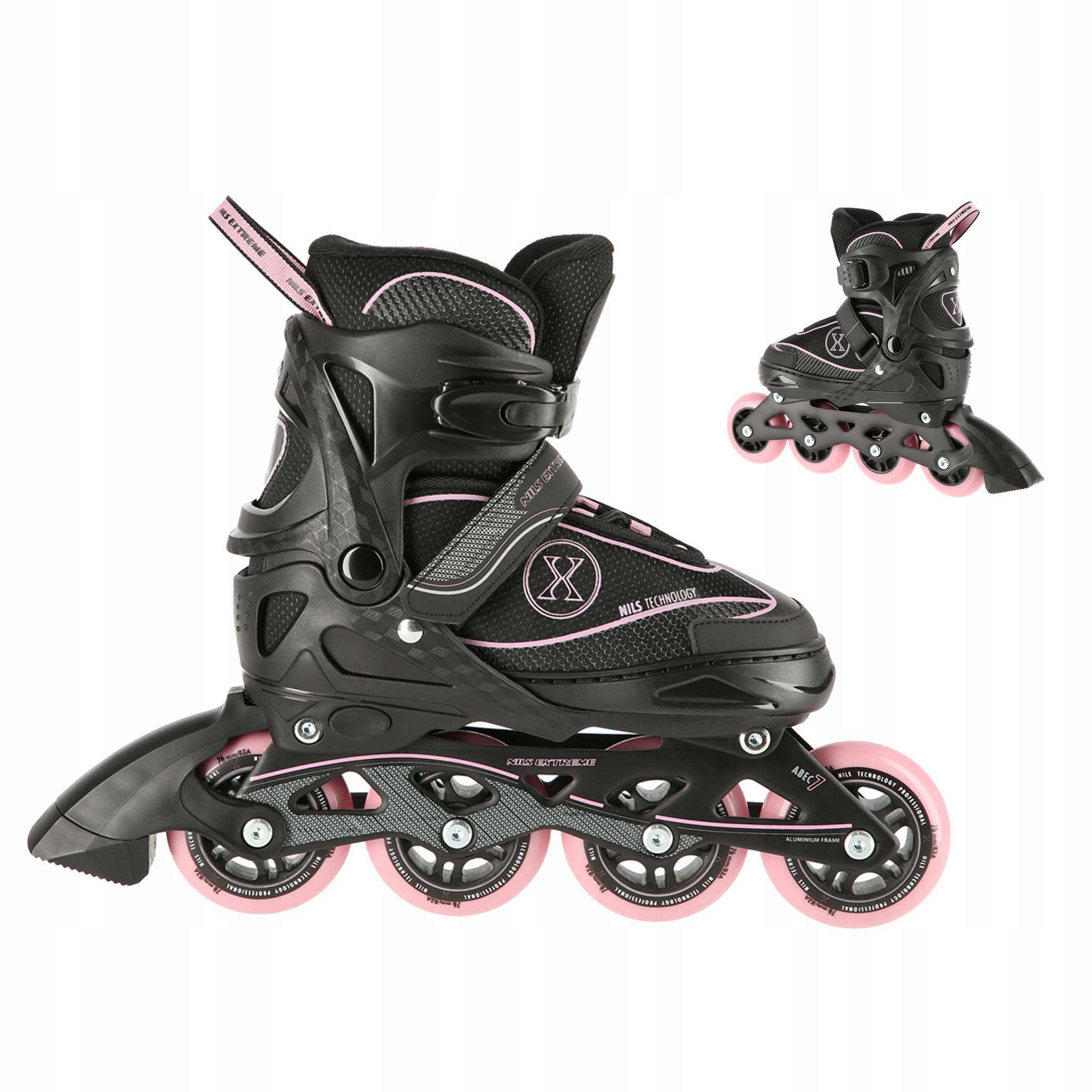 Kolečkové Brusle Brusle 2v1 Nastavitelné Dámské Černo-růžové ABEC7 39-42 Nils Extreme