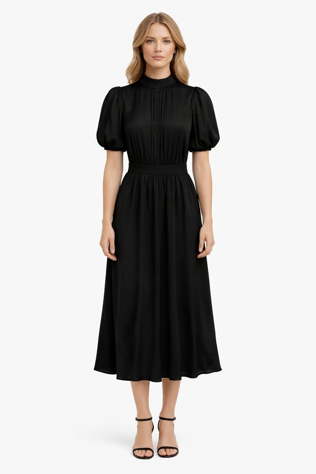 Rotate Černé Šaty MIDI S Bufetovými Rukávy A Zavazováním 36 I4C