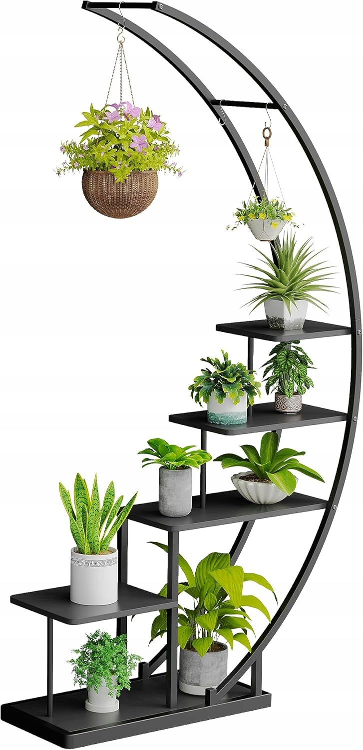 Moderný Regál Na Rastliny Loft Polmesiac Kov Drevo 172 CM Čierny