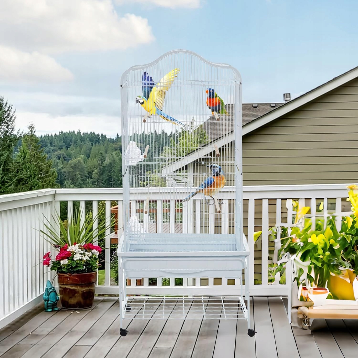 Levně Kovová klec pro ptáky, bílá kovová klec se základnou na kolečkách