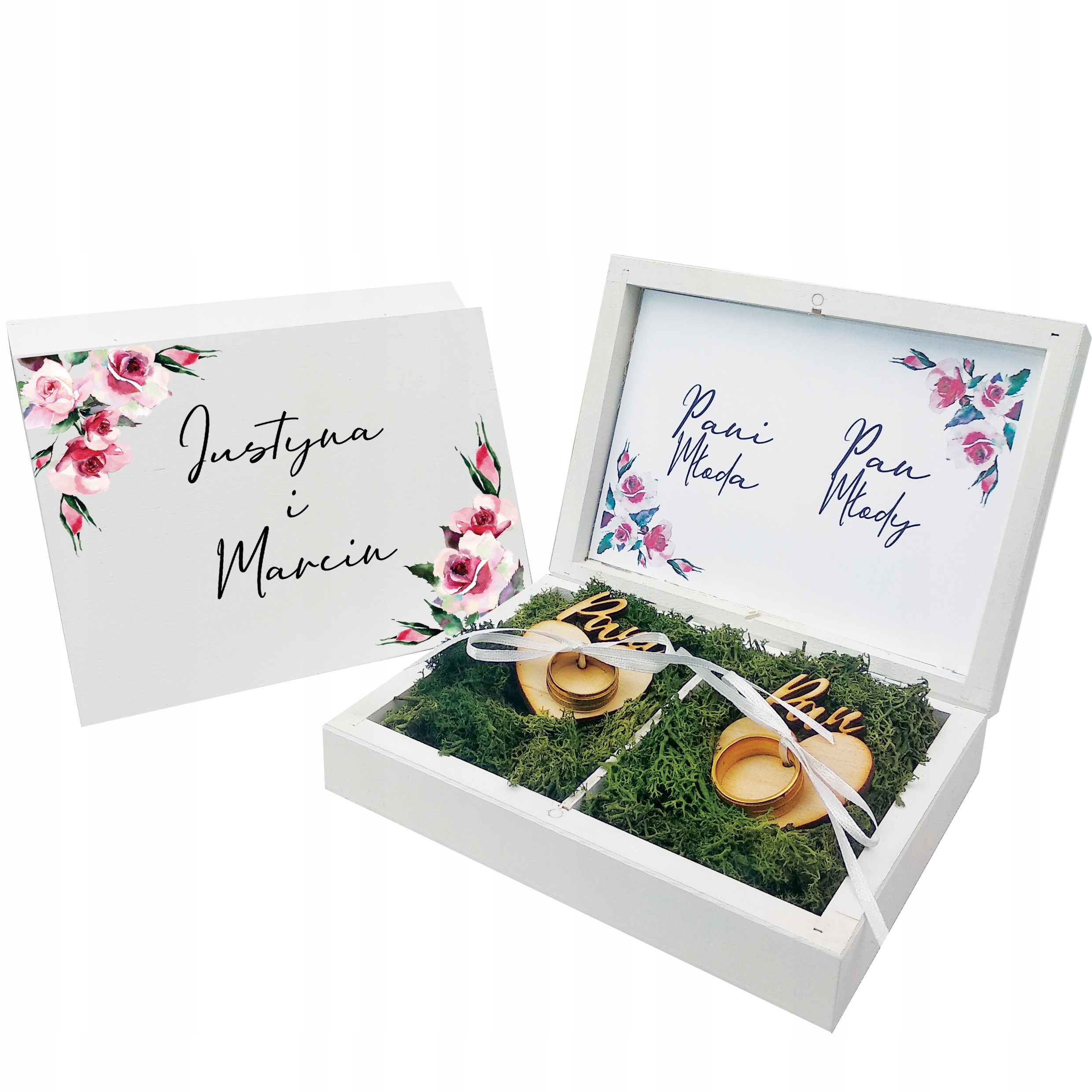 

Drewniane Pudełko Obrączki Ślub Wesele Akwarela