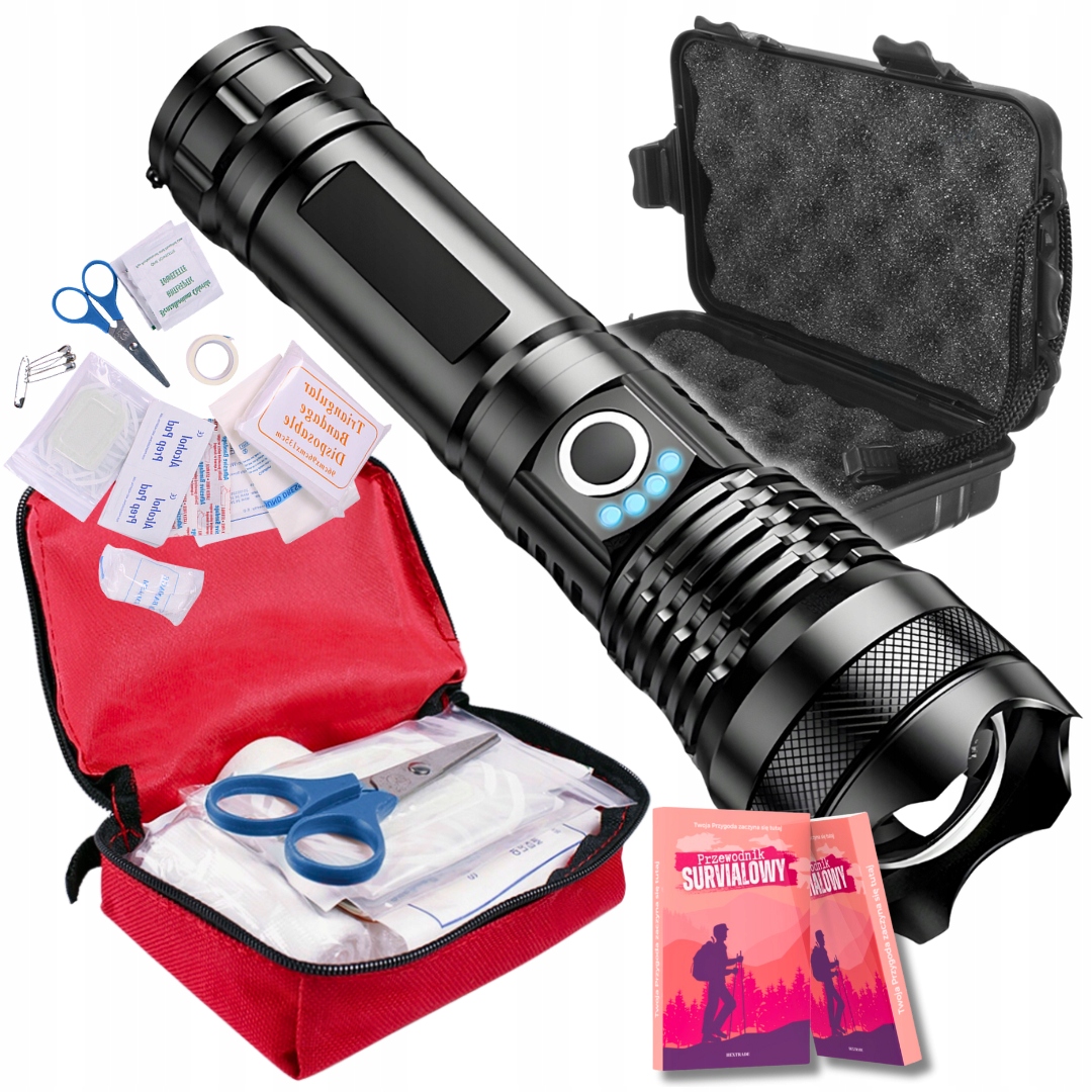 Latarka Survivalowa Led Mocna Apteczka Red Mini Podręczna 21el
