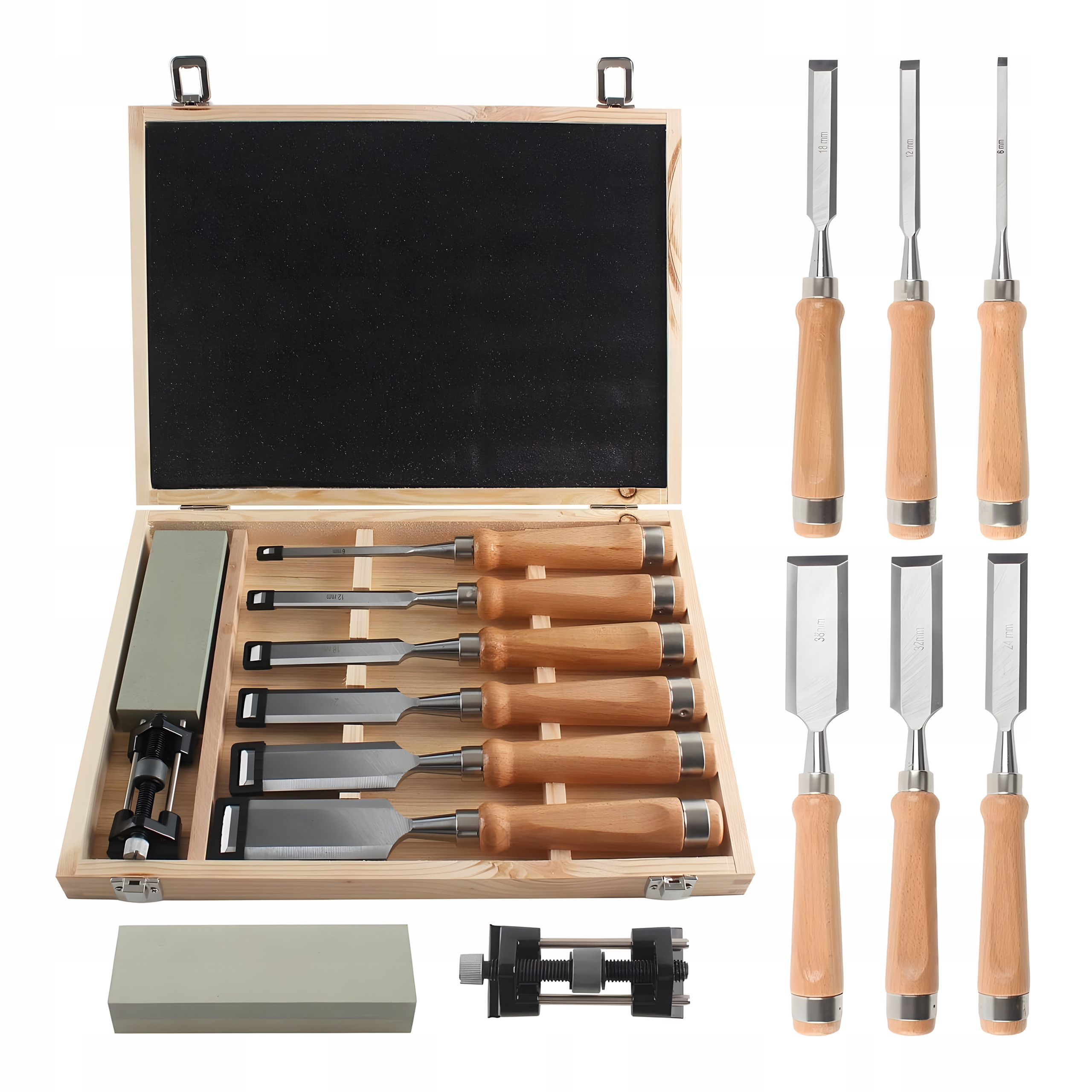 Truhlářské dláta na řezbářství sada dlát 6 Ks brousek dřevěná kazeta