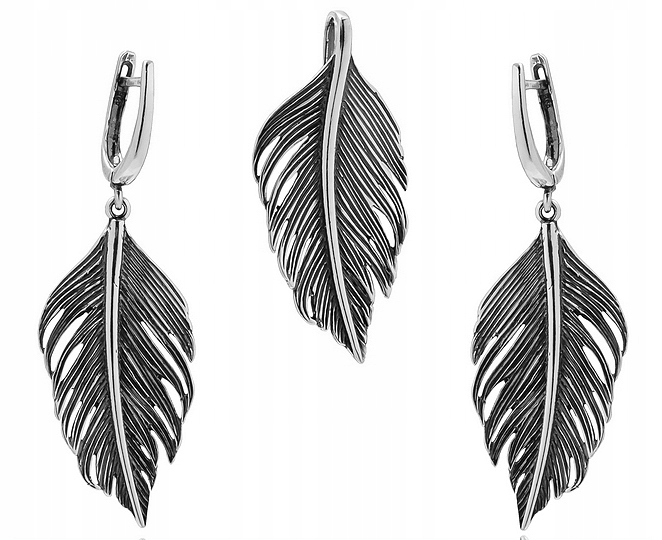 Stříbrný Dámský Komplet Náušnice S Oxidovaným Pírkem