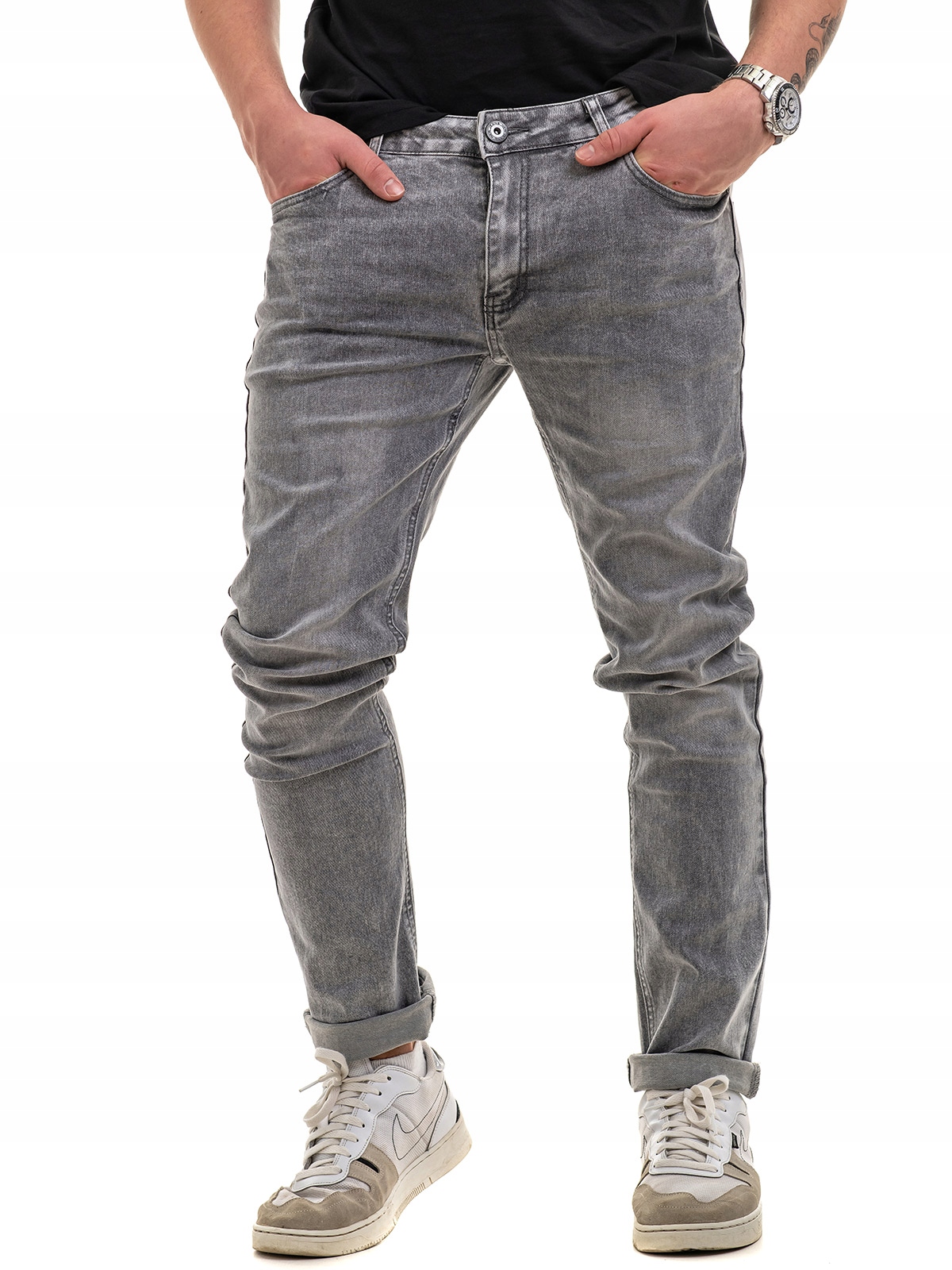 

Spodnie męskie jeans proste bawełniane szary 32