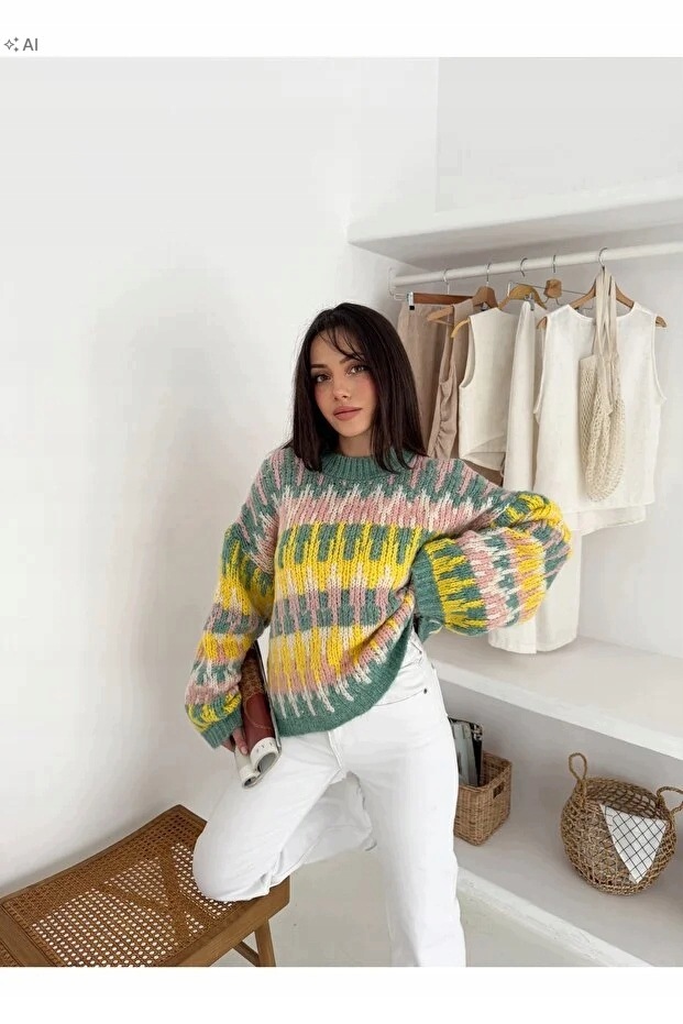 Měkký Vícebarevný Pletený Svetr Ve Stylu Boho 5IA