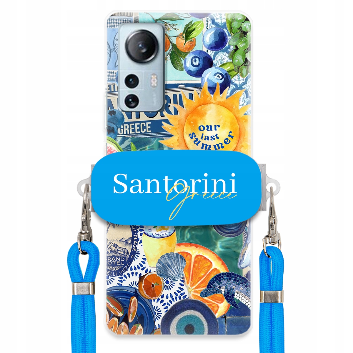 Pouzdro pro Xiaomi 12 Lite Modré Crossbody vodítko držák Santorini Greece