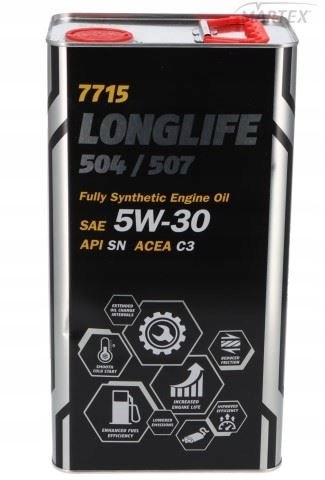 Olej Mannol Longlife 504/507 5W30 5L Api Sn; Acea C3; Mb 229.51; Vw 504.00/
