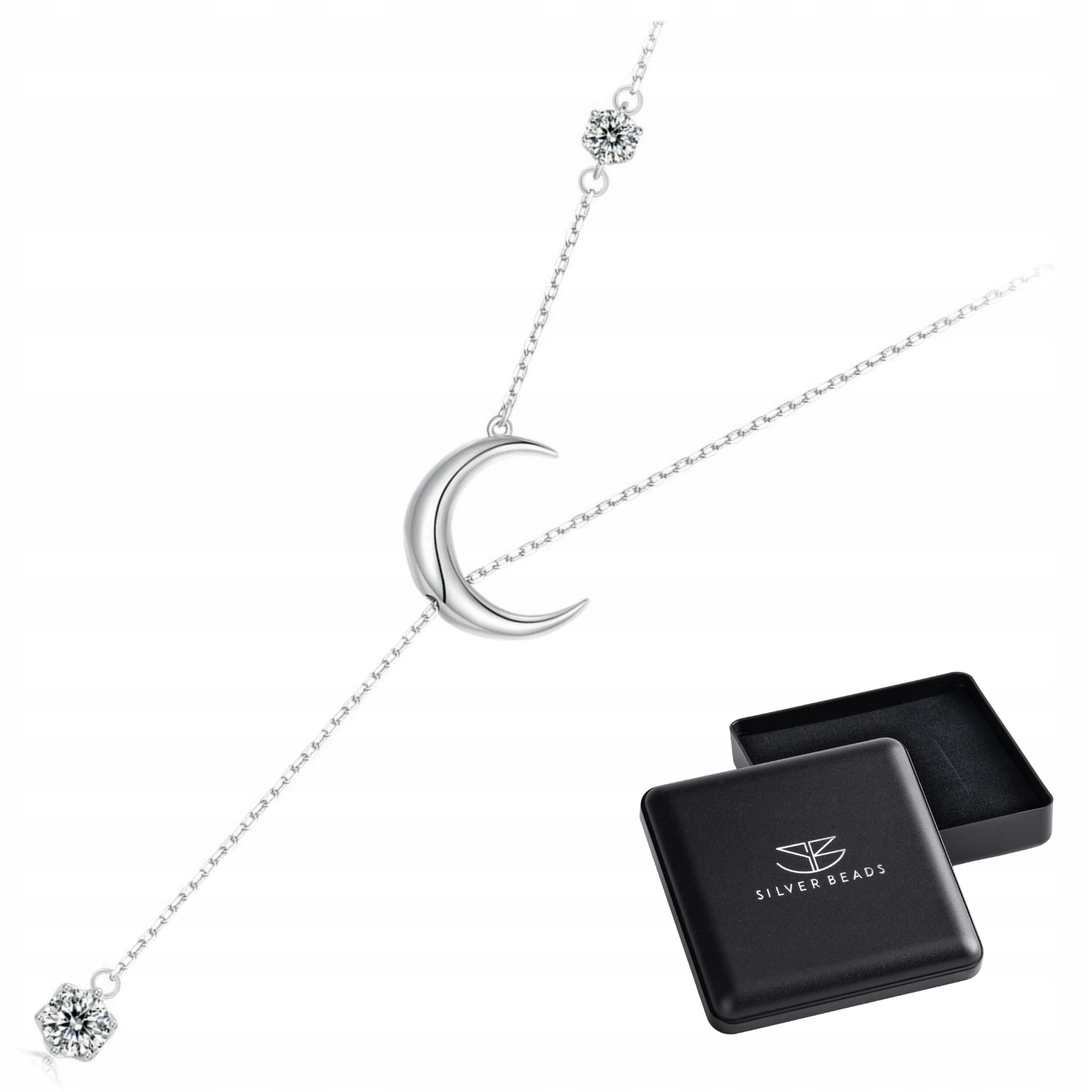 N131 Księżyc z kryształami srebrny naszyjnik z regulacją długości