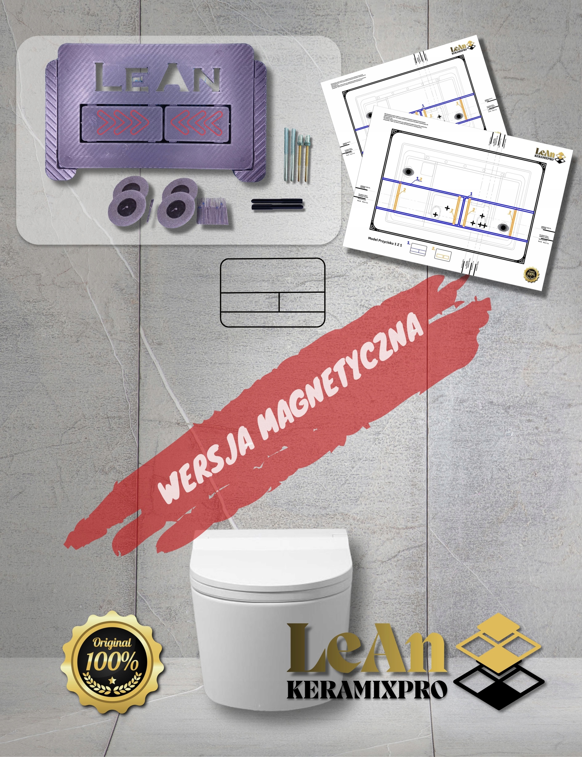 Skryté splachovacie tlačidlo úzke, magnetické, čierne pre tmavé dlaždice