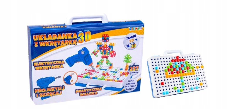 Zestaw klocków i śrubek w walizce + wkrętarka