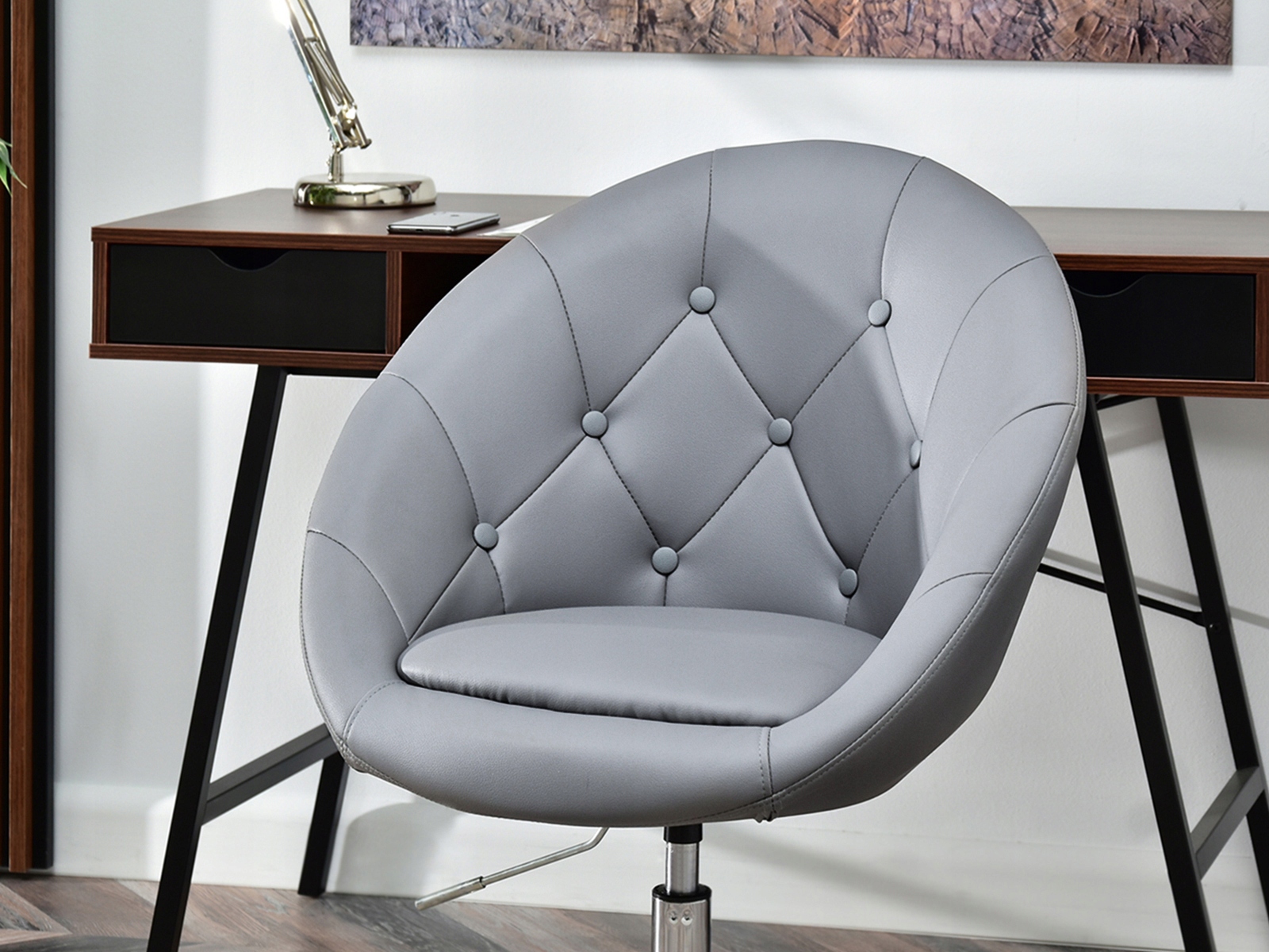 FOTEL OBROTOWY Z EKOSKÓRY JAJO Z GUZIKAMI L4 SZARY Marka Mebel-Partner