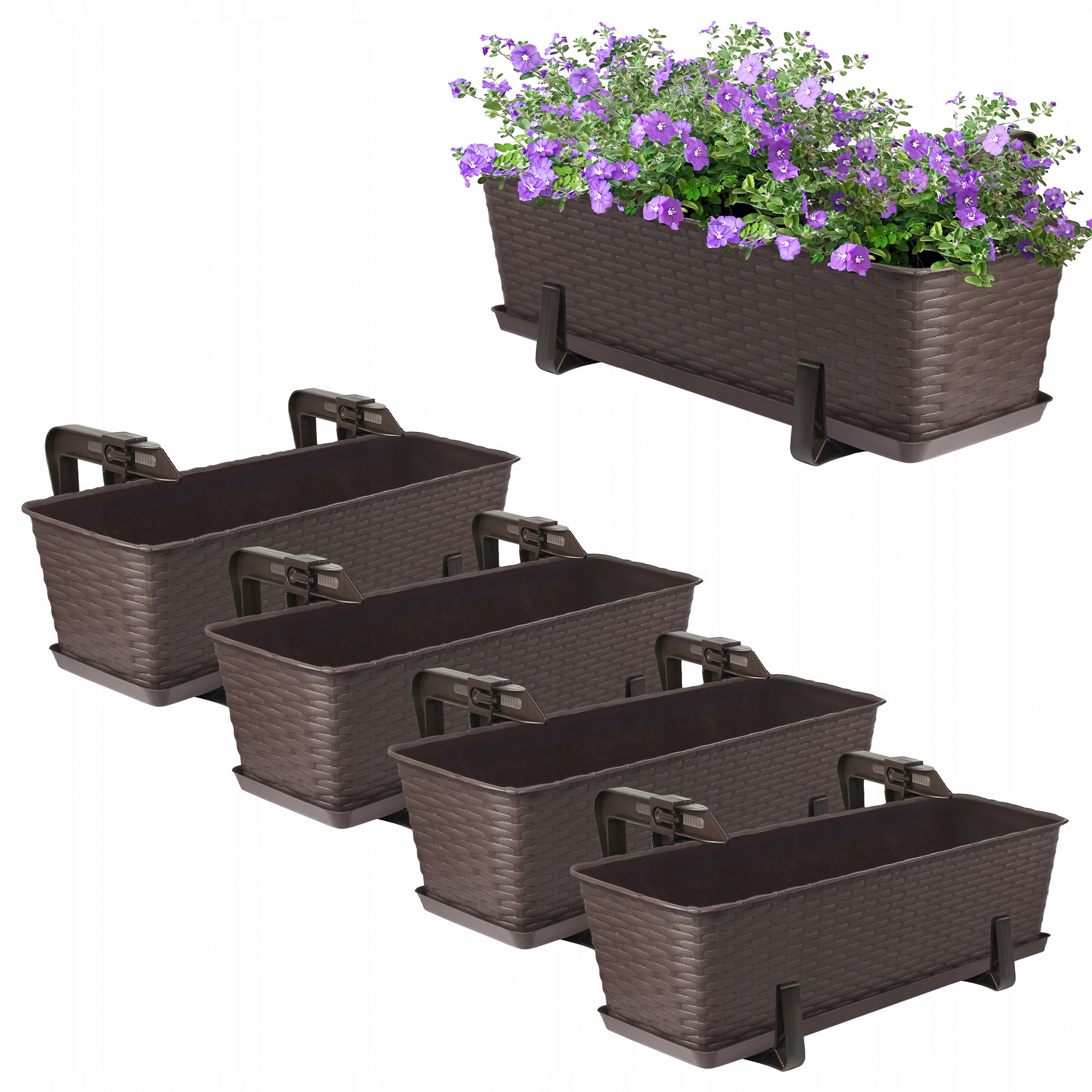 4x Skrzynka Balkonowa Doniczka Donica 60cm Z Uchwytami Zestaw Brąz