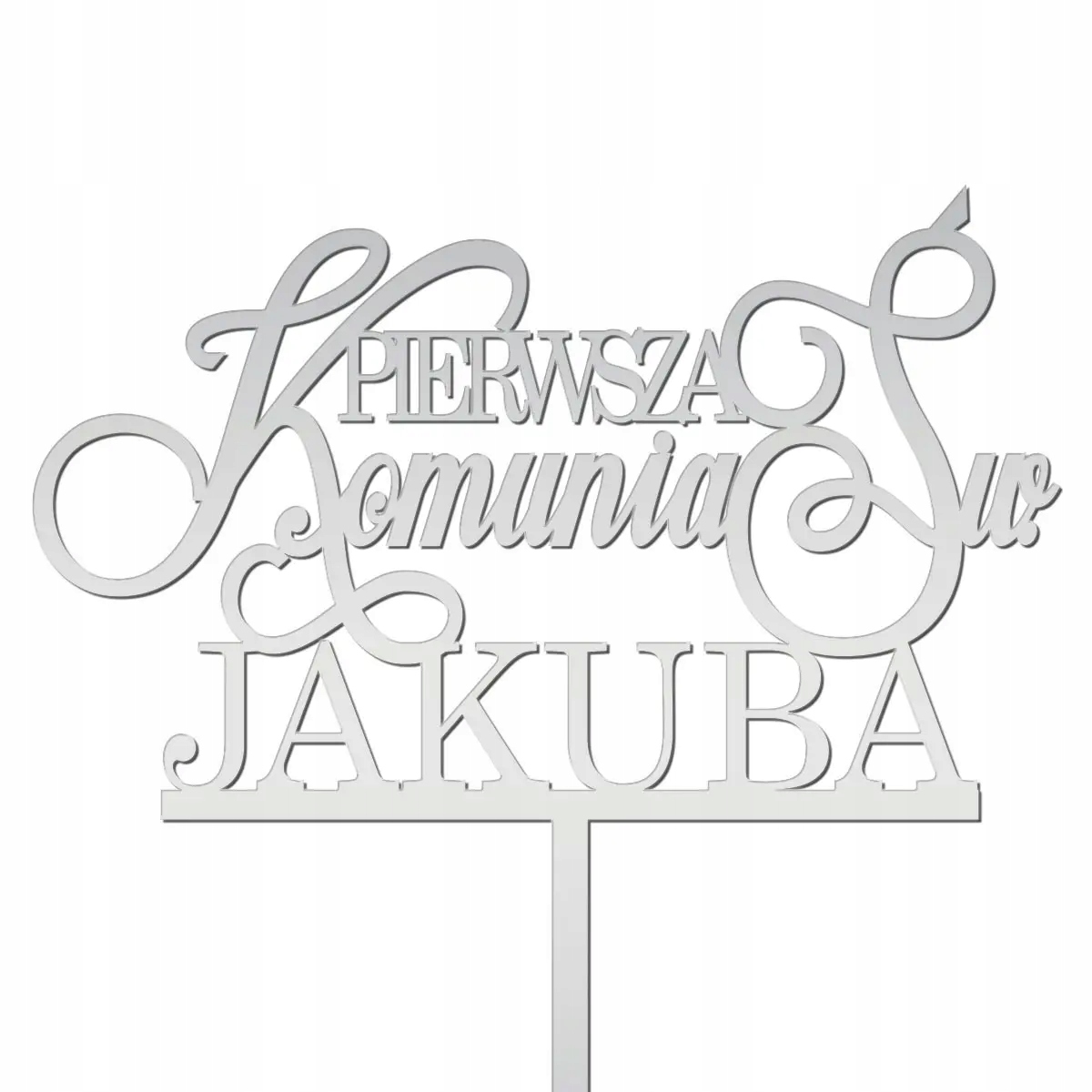 TOPPER PIERWSZA KOMUNIA ŚW IMIĘ NAPIS TORT srebrny