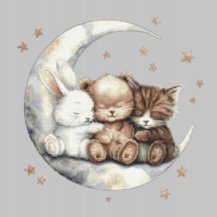 Sada pro křížkové vyšívání 30 x 30 cm Zvířátka na měsíci mulina jehla