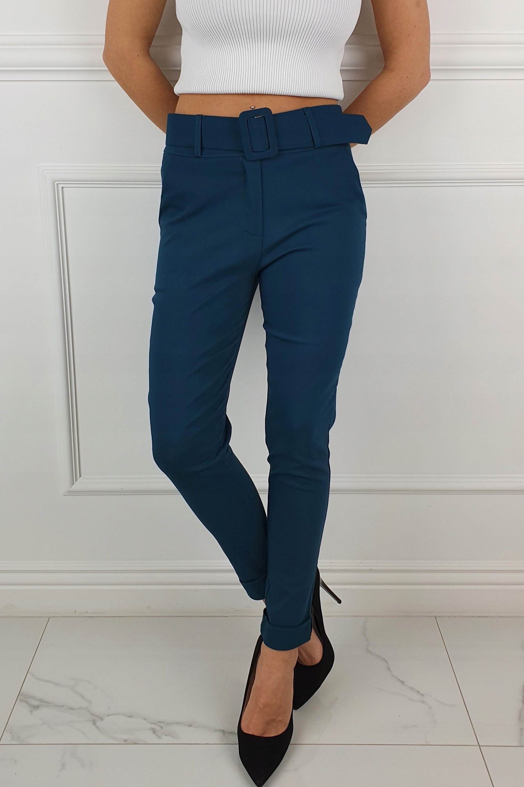 #ELASTYCZNE - SPODNIE - DAMSKIE - W GUMKĘ - PASEK# Odcień kobaltowy