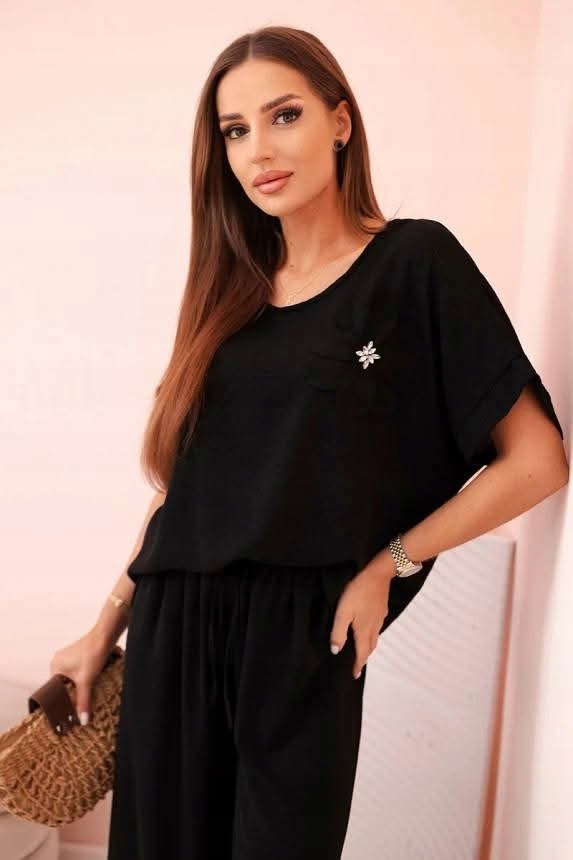 Komplet Luźny Oversize z wiskozy z ozdobnym kwiatem i szerokimi spodniami