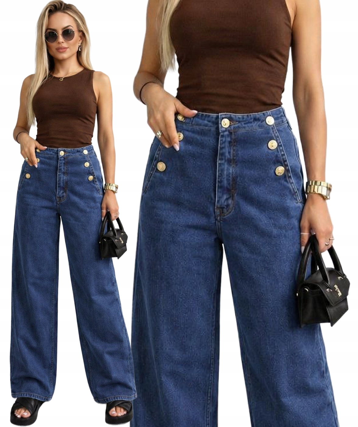 Spodnie damskie Jeansy wysoki stan Wide Leg złote guziki M Arkansas