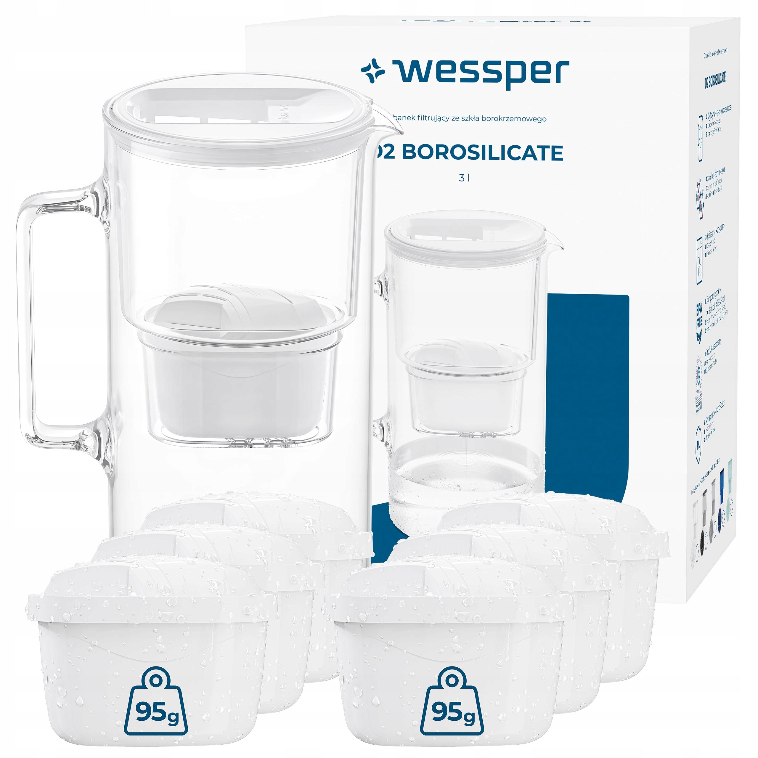 Skleněná filtrační konvice Wessper D2 Borosilicate 3 l bílá 7 x filtr