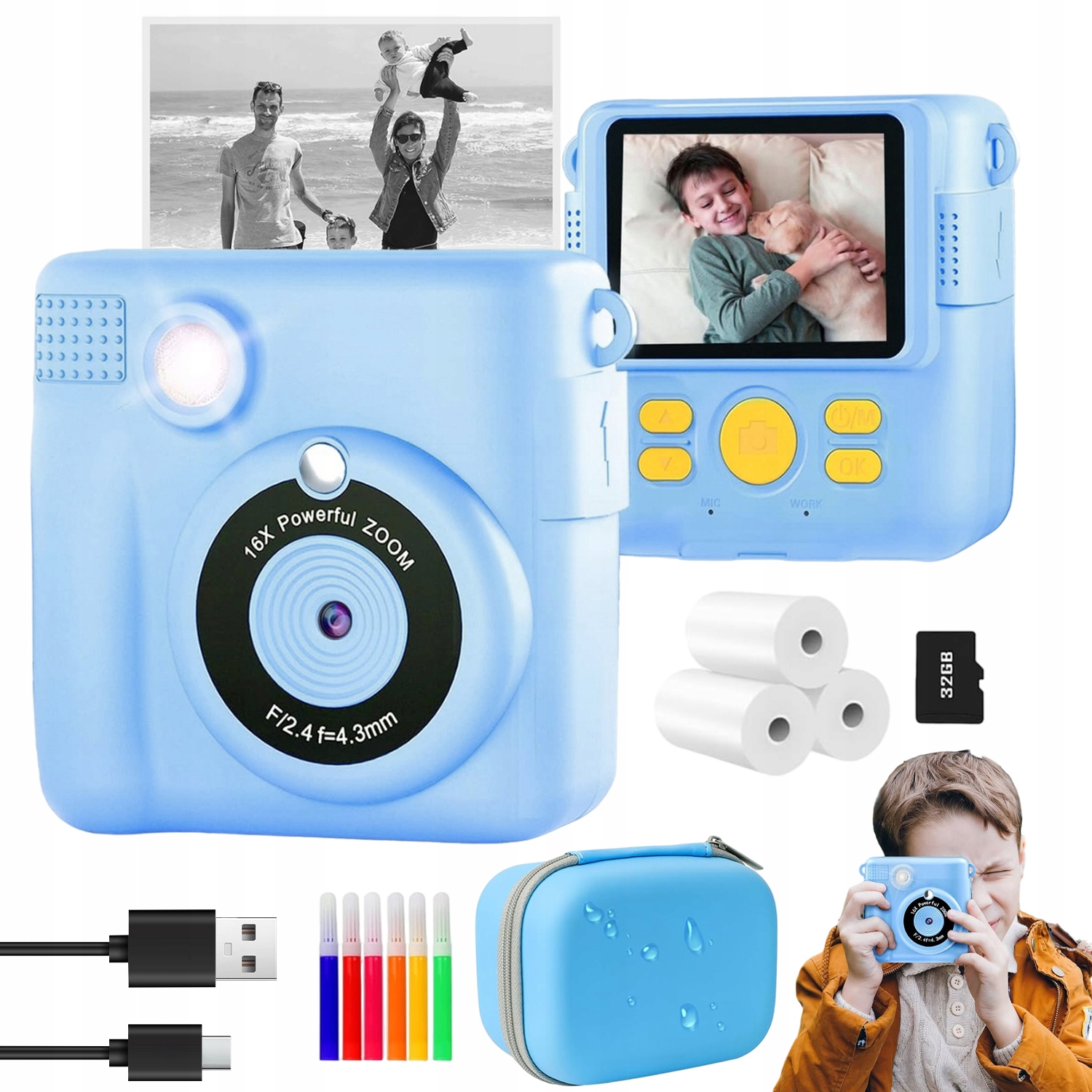 Mini Termální Tiskárna Instantní Fotoaparát 32GB 2.4'' 3 Role Bonus