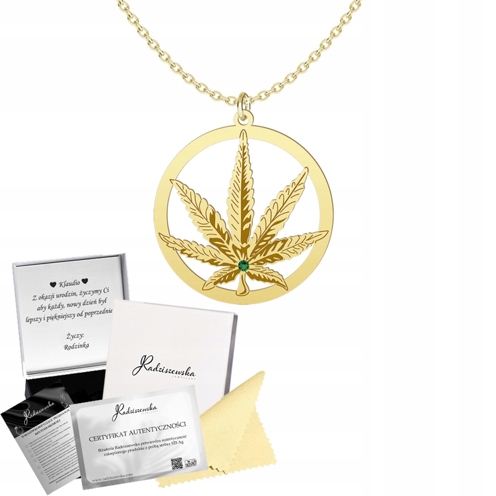 Zlatý náhrdelník Konopí List Marihuana Řetízek Stříbro 925 Gravírování Bonus