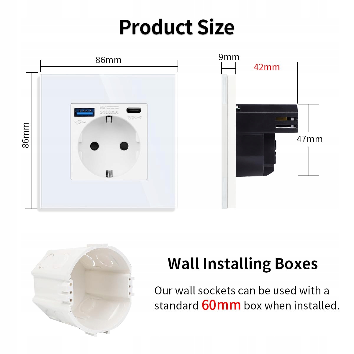 JIMEIDA Gniazdko USB 20W Szybkie Ładowanie Białe 16A Szklane Typ C 250V — miniatura 4