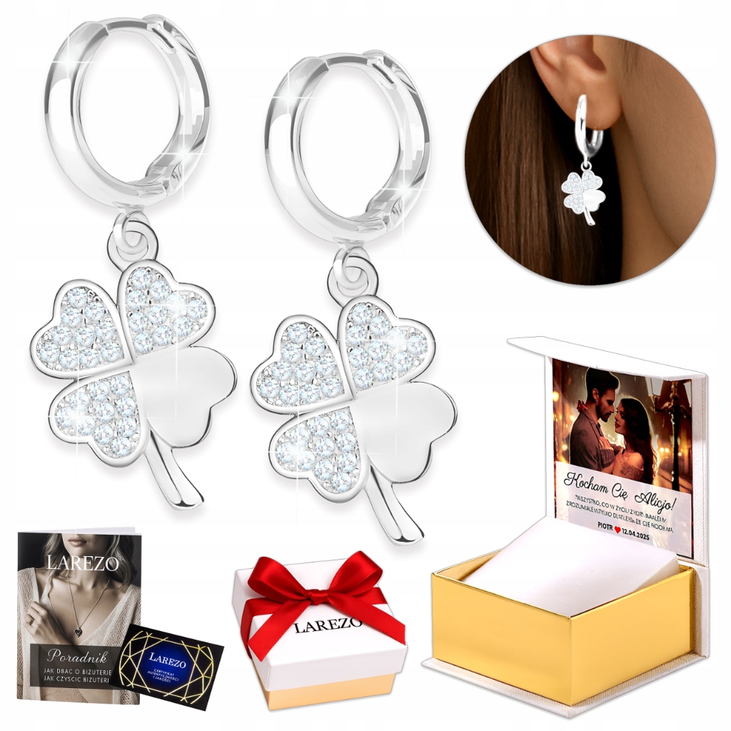 Stříbrné Náušnice 925 Čtyřlístek Jetel Kolečka Čtyřlístek pro štěstí