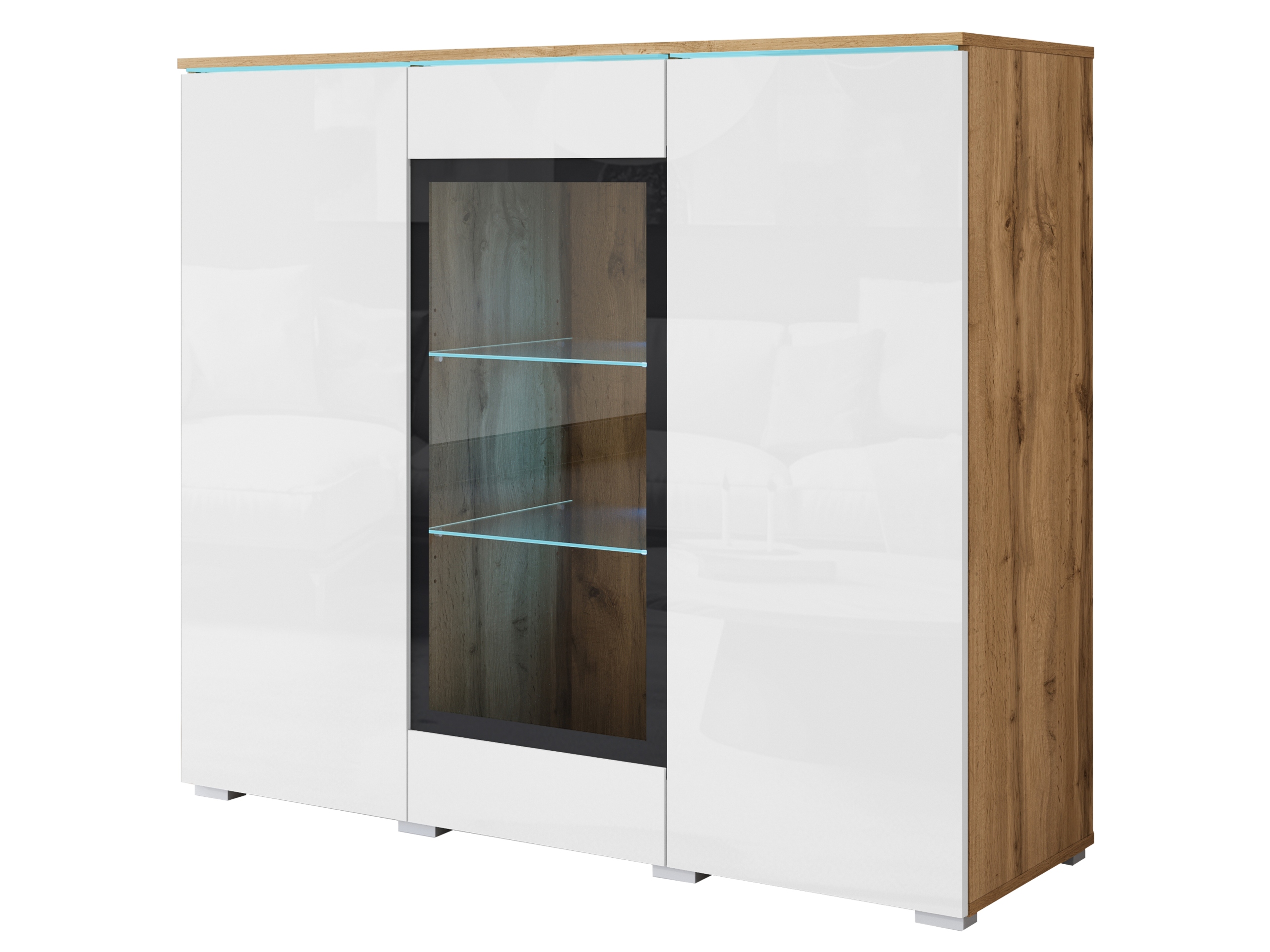 Moderní vysoká vitrína se sklem 120 cm do obývacího pokoje dub wotan/bílý lesk